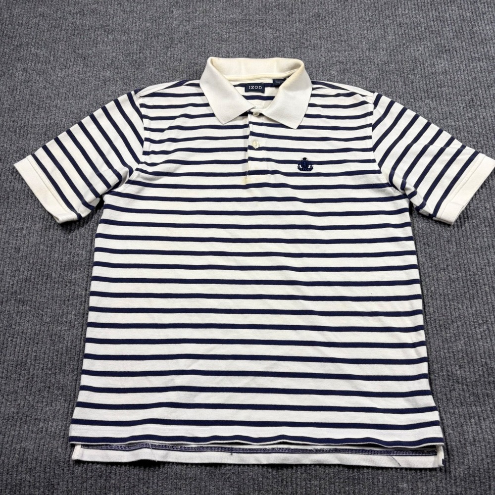 IZOD Shirt Mens L Polo Shirt White Blue Striped Short Sleeve Cotton Pique Logo